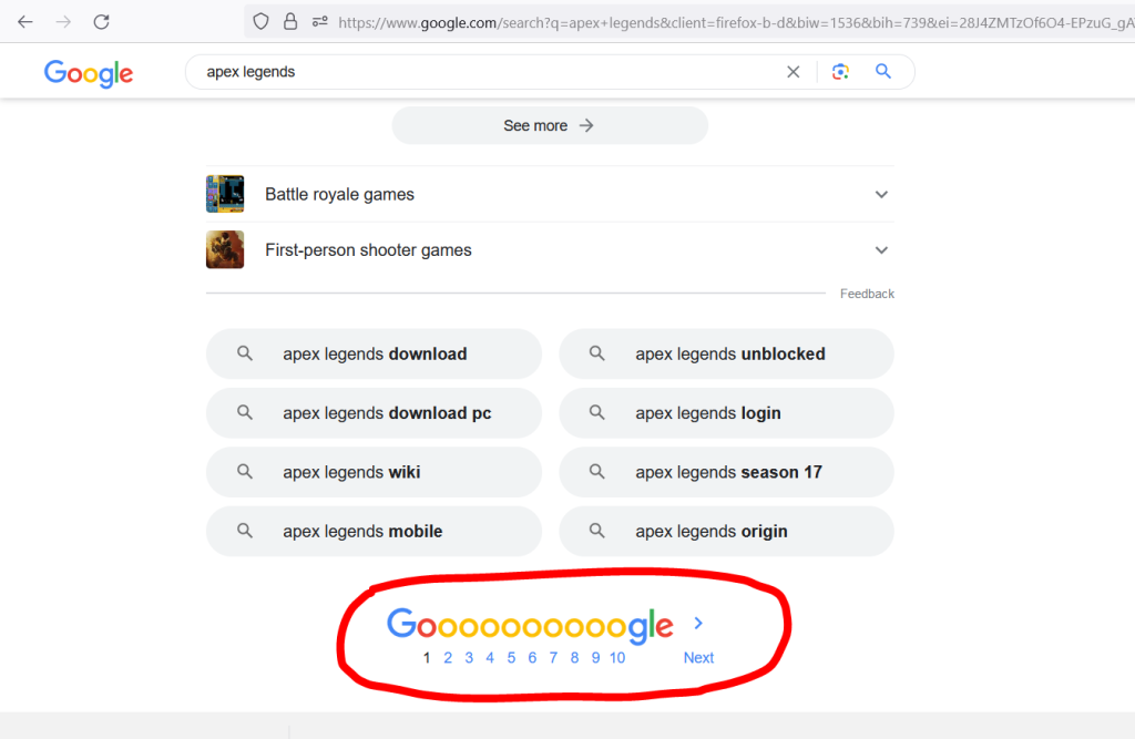Navegação por páginas de resultados do Google.