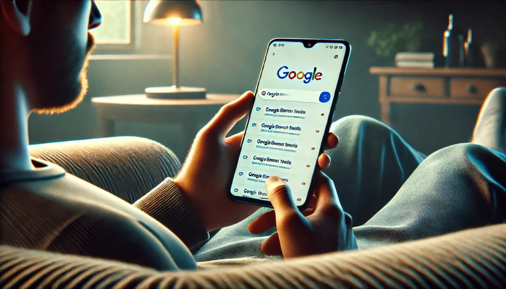 Homem usando smartphone com Google aberto.