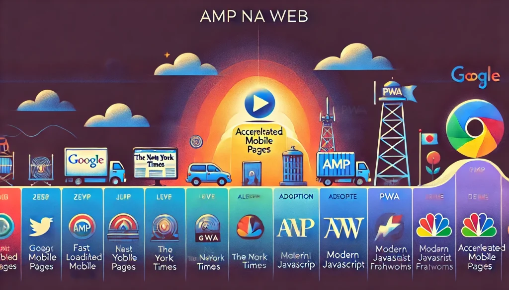 Ilustração colorida tecnologia AMP e PWA Google.