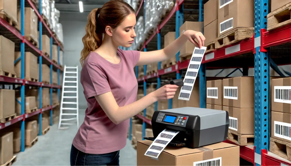 Trabalhadora imprimindo etiquetas em armazém.
