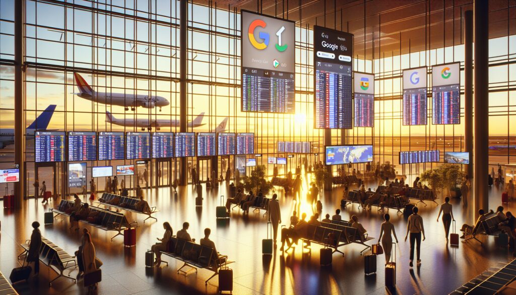 Aeroporto ao pôr do sol com passageiros e painéis de voo.