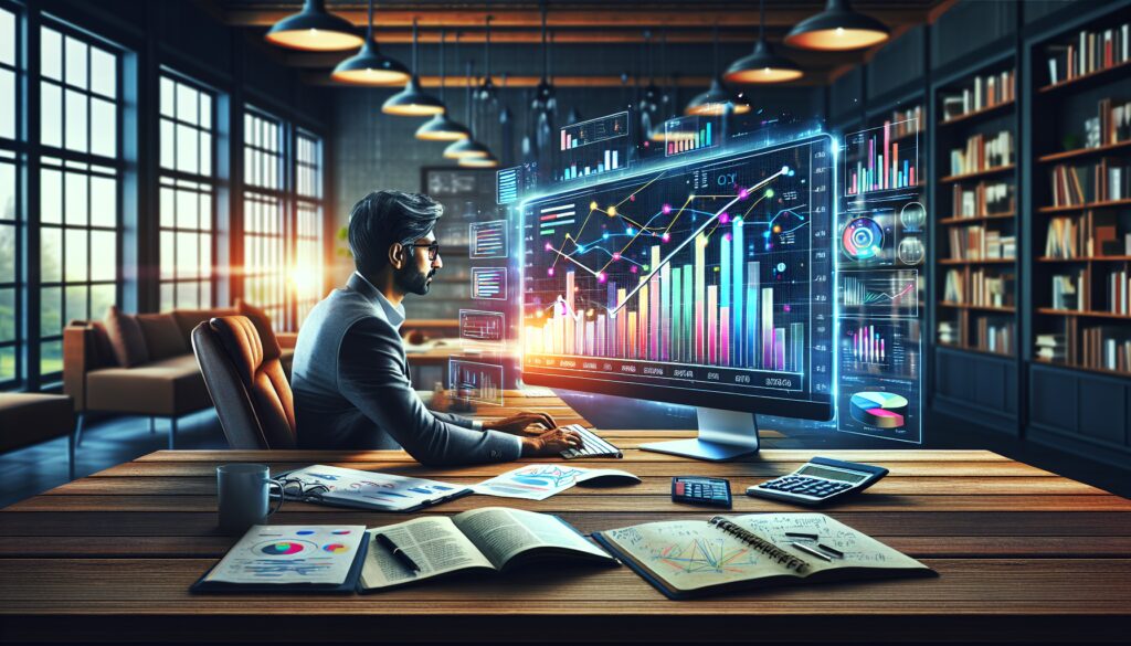 Homem analisando dados financeiros em monitor holográfico.