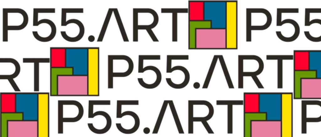 Logótipo P55 ART repetido com design geométrico colorido