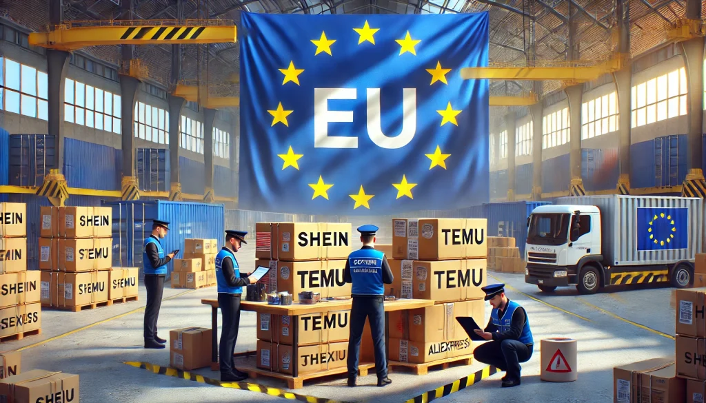 Armazém de alfândega da UE com bandeira e funcionários.