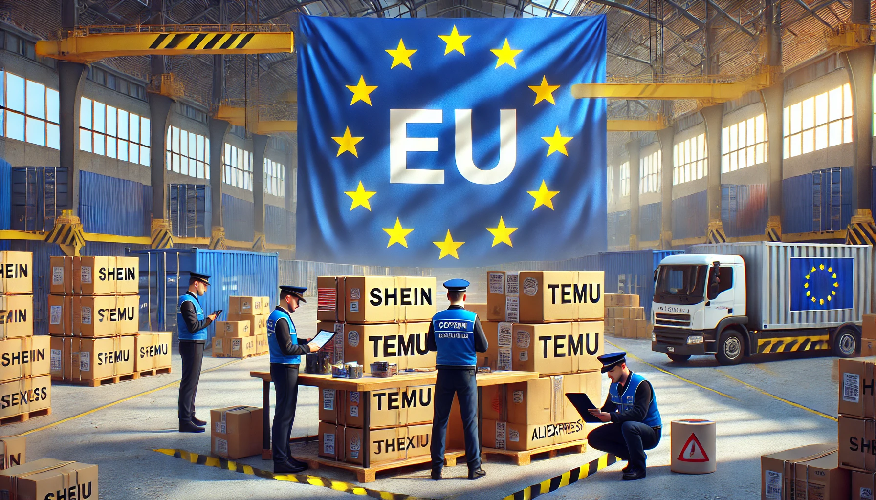 Armazém de alfândega da UE com bandeira e funcionários.