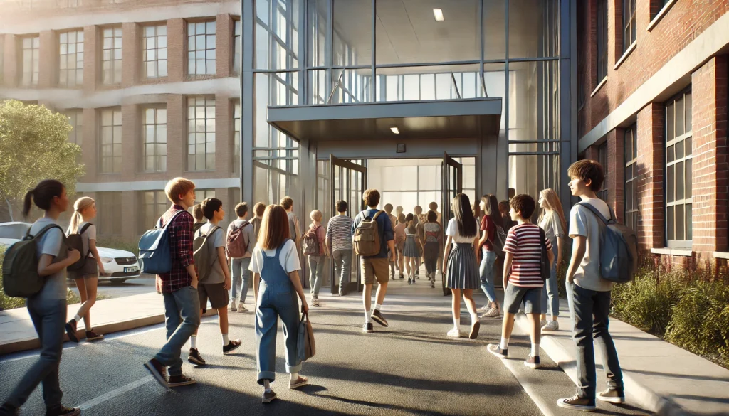 Estudantes a caminhar para escola de manhã.